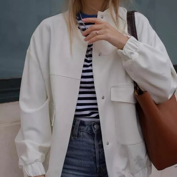 New Zara Oversized Linen Blend White Bomber Jacket Blogger Favorite NWT Medium - Picture 9 of 16